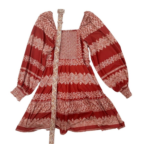 NEW Hale Bob Women's Grazia Jersey Mini Dress Red Print Belted Balloon Sleeve M - Picture 7 of 9